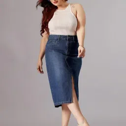 Miss Chase A+ Blue Denim Solid Skirts image 5