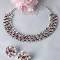 Zeneme Rhodium Plated AD Pearl Studded Necklace and Earring Jewellery Set-image-63