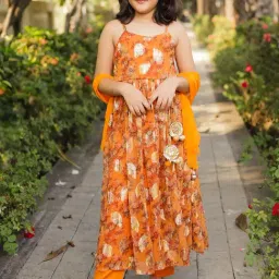 Piccolo Girls Orange Rose Abstract Foil Printed With Zari Motifs And Gota Anarkali Kurta & Pant Set image 4