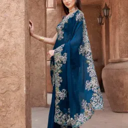 Tikhi Imli Blue Embroidered Saree with Unstitched Blouse image 4