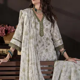 Anouk Floral Printed V-Neck Thread Work Pure Cotton Kurta with Palazzo & Dupatta image 3