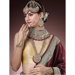 Karatcart Gold Plated Red Enamel Ethnic Indian Traditional Kundan Dulhan Bridal Jewellery Set-image-12