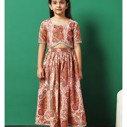 READIPRINT Half Sleeves Floral Printed Cotton Lehenga Choli - Pink-image-2