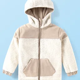 Babyhug Woven Full Sleeves Hooded Winter Fur Jacket  with Kangaroo Pockets - White-picture-34