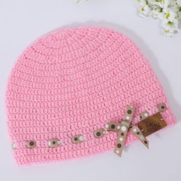 Funkrafts Handmade Woollen Polka Dots Detailed Bow Designed Beanie Cap - Pink-picture-41