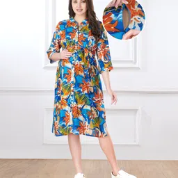 Bella Mama Woven Three Fourth Sleeves Shirt Maternity Dress Flower Print - Blue-picture-27