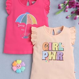 BUMZEE Cotton Pack Of 2 Cap Sleeves Girl Pwr Text & Umbrella Printed Tops - Peach & Pink-picture-47