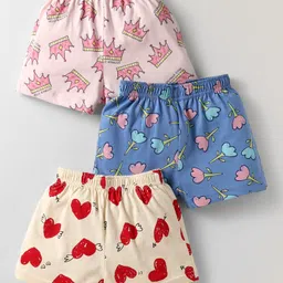 CUCUMBER Sinker Knit Above Knee Length Shorts With Heart & Floral Print Pack of 3 - Blue & Pink image 1
