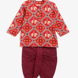 Campana 100% Cotton Woven Full Sleeves Patola Printed Dhoti Kurta Set - Red & Purple-picture-37