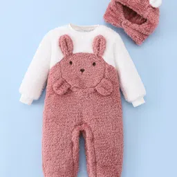 Mark & Mia Full Sleeves Winter Wear Romper With Animal Applique & Cap - Rose Gold & White-picture-23