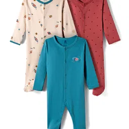 I Bears Interlock Knit Full Sleeves Footed Sleepsuit With Space Theme Print pack Of 3 - Maroon Tan & Teal Blue-picture-27