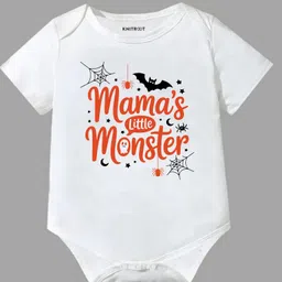 KNITROOT Halloween Theme Cotton Lycra Knit Half Sleeves Mamas Little Monster Text Printed Onesie - White-picture-37