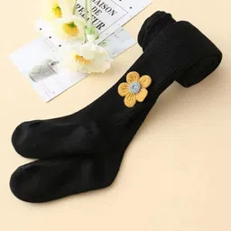 Ziory Cotton Knit Floral Applique Detailed Stockings - Black-picture-26