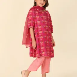 Fabindia Kids Pink Printed Kurta, Salwar with Dupatta image 3