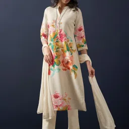Indo Era Off-White Linen Floral Print Kurta Pant Set With Dupatta image 3