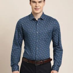 Turtle Blue Cotton Linen Slim Fit Printed Shirt-picture-41