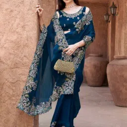 Tikhi Imli Blue Embroidered Saree with Unstitched Blouse image 3