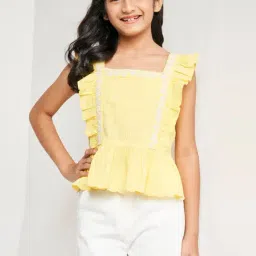 Global Desi Girl Yellow & White Cotton Embroidered Top-image-3