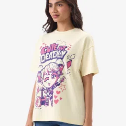 The Souled Store Cream & Pink Cotton Graphic Print Oversized T-Shirt image 3