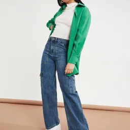 Styli Blue Cotton Flared Fit High Rise Cargo Jeans image 3