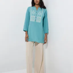 Utsa by Westside Aqua Embroidered Cotton-Blend Tunic image 3