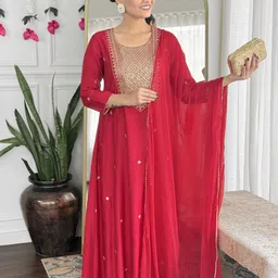 Aaghnya Women Ethnic Motifs Embroidered Round Neck Kurta with Palazzos & Dupatta-image-74