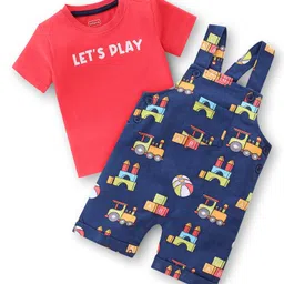 Babyhug 100% Cotton Knit Dungaree & Half Sleeves T-Shirt Set With Vehicle Print - Blue & Red-image-19