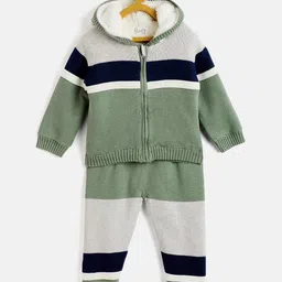 JWAAQ Cotton Blend Full Sleeves Striped Hooded Winter Set With Faux Fur - Multi Colour-picture-36