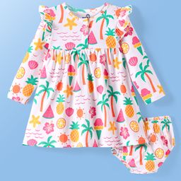 Doodle Poodle Cotton Knit Full Sleeves Ice Cream Printed Frock with Bloomer & Frill Detailing - White-picture-40
