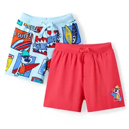 Babyhug Cotton Knit Mid Thigh Length Shorts with Beach Theme Print Pack of 2 - Red & Light Blue-picture-14