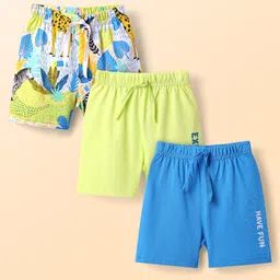 Babyhug Cotton Knit Mid Thigh Length Shorts with Jungle Theme Print Pack of 3 - Blue White & Neon Green-image-12
