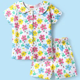 Babyhug Cotton Knit Half Sleeves Co-ords Peter Pan Collared Front Open Shorts Night Suit with Floral Print - White-image-96
