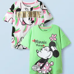 HoneyHap Disney Single Jersey Knit Half Drop Shoulder Sleeves Oversized T-Shirts with Minnie Mouse & Family Foil Graphics Pack of 2 - White & Light Green-picture-30