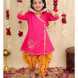 BownBee Pure Cotton Woven Three Fourth Sleeves Elephant Embroidered Gota Lace Embellished Kurti Dhoti Set - Pink-picture-35