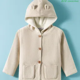 Babyoye 100% Cotton Knit Full Sleeves Front Open Sweater With Hood & Solid Dyed - Ivory-image-10