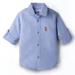 Us Polo Assn Cotton Woven Roll Up Sleeves Shirt with Logo Embroidery - Light Blue-image-10