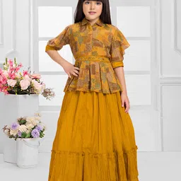 Betty By Tiny Kingdom Woven Three Fourth Sleeves Leaves Printed Beads Embellished Gown - Yellow-image-84