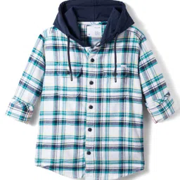 Junior Killer Full Sleeves Tartan Checked Slim Fit Hooded Shirt - White-image-25