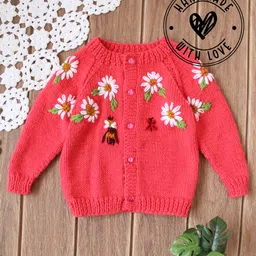 Woonie Hand Knitted Full Sleeves Floral Embroidered Sweater - Coral-image-40
