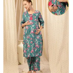 Zelena Cotton Silk Woven Three Fourth Sleeves Floral Printed Maternity Kurti With Side Zipper Nursing Access & Pant With Dupatta Set - Teal Green-picture-10