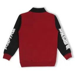 Earth Conscious Fleece Full Sleeves Placement Text Printed Zipper Bomber Style Sweat Jacket - Maroon & Navy Blue image 3