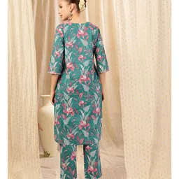 Zelena Cotton Silk Woven Three Fourth Sleeves Floral Printed Maternity Kurti With Side Zipper Nursing Access & Pant With Dupatta Set - Teal Green image 3