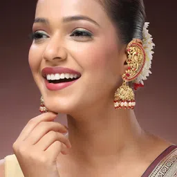 ADIVA 22K Gold-Plated Glossy Pearl & Ruby Stone-Studded & Beads Peacock Shaped Ear Cuff Earrings-image-47