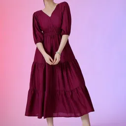 Raiyani Fashion V-Neck Puff Sleeves Crepe Fit And Flare Maxi Dress-image-48