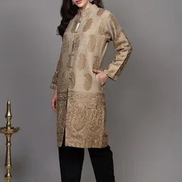 Exotic India Women Floral Woollen Longline Open Front Jacket with Embroidered image 2