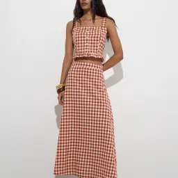 LOV by Westside Rust Gingham Checkered High-Rise Cotton Skirt image 3