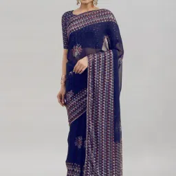 Satrani Navy Printed Saree With Unstitched Blouse-image-31