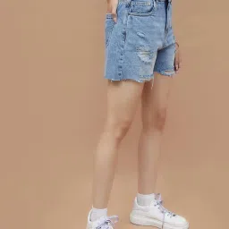 Ginger By Lifestyle Mid Blue Cotton Regular Fit Distressed Shorts image 3