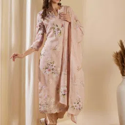 Fashor Pink Cotton Embroidered Kurta & Pant Set With Dupatta image 3