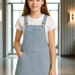 Kryptic Kids Blue Cotton Striped Dress-image-5